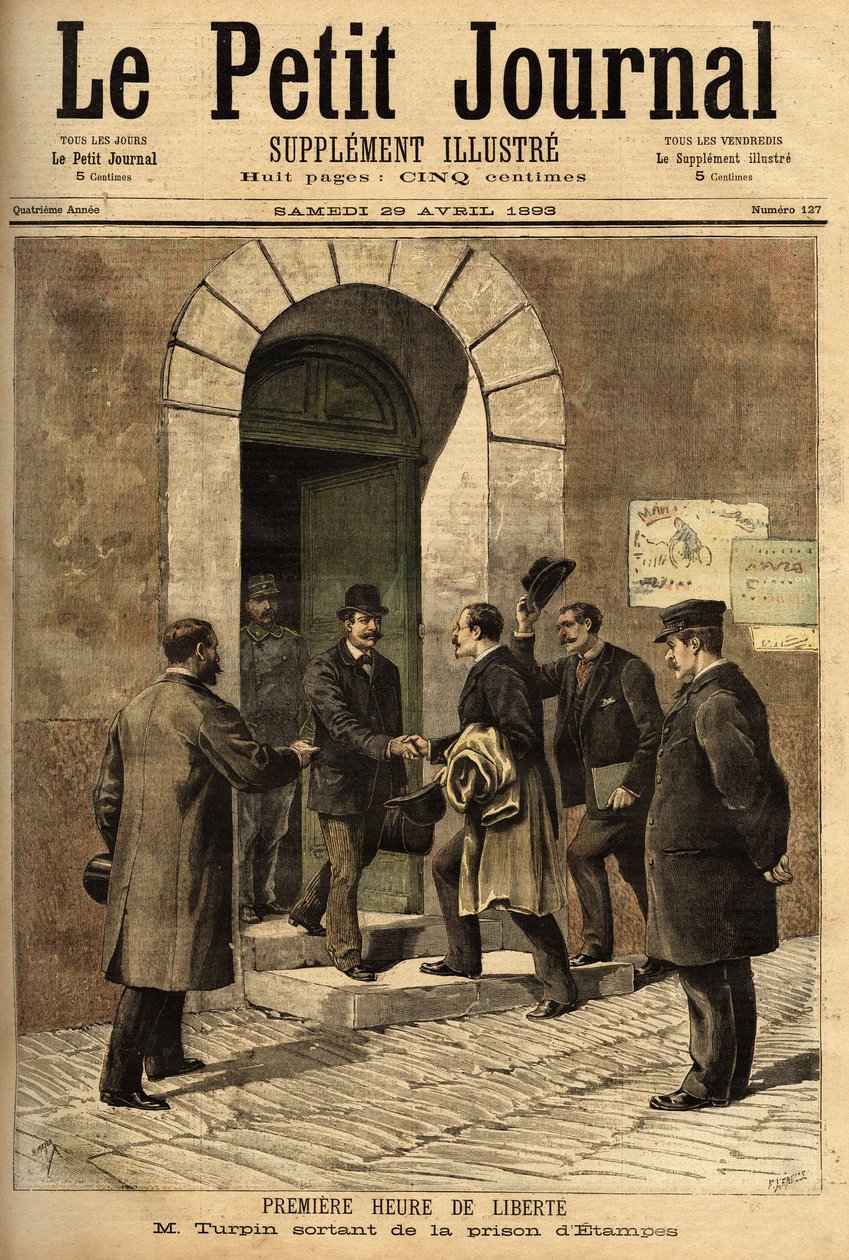Eugene Turpin (1848-1927), químico, inventor em 1884 da melinite (um explosivo), injustamente acusado de ter vendido a sua invenção ao inimigo, foi inocente e libertado da prisão de Etampes. Gravura em "Le petit journal" 29/04/1893. A coletânea de Selva de Unknown artist