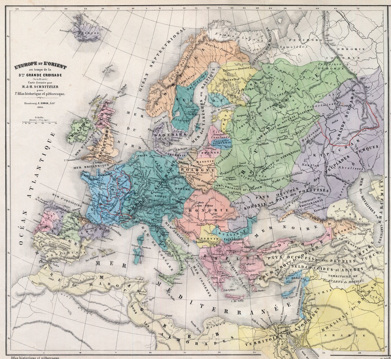 A Europa e o Oriente na época da 3ª Grande Cruzada no final do século XIII - Mapa preparado por M J-H Schnitzler, Atlas Histórico e Pitoresco 1858 de Unknown artist