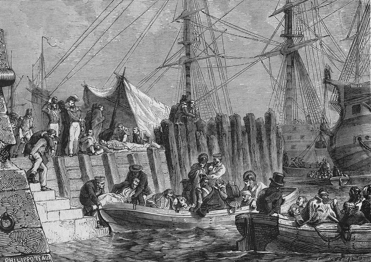 Evacuação de Flesringe pelos ingleses em 1802: embarque dos doentes - no "Histoire de France" de Henri Martin, sd. Século XIX. de Unknown artist