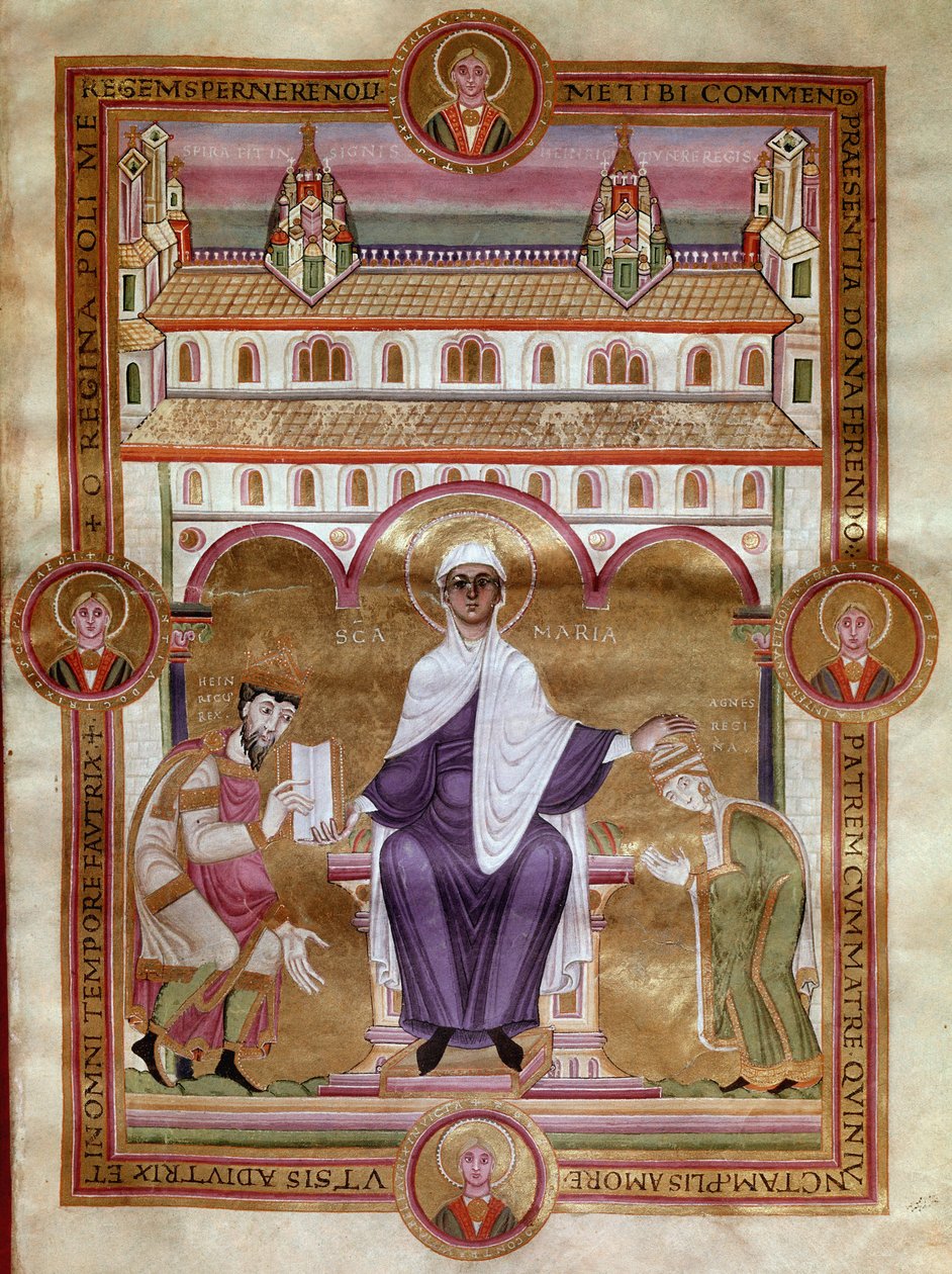Página Evangélica (Bíblia de Ouro) do Imperador Henrique III diz que o preto (1017-1056) representa ajoelhar-se com sua esposa Agnes d