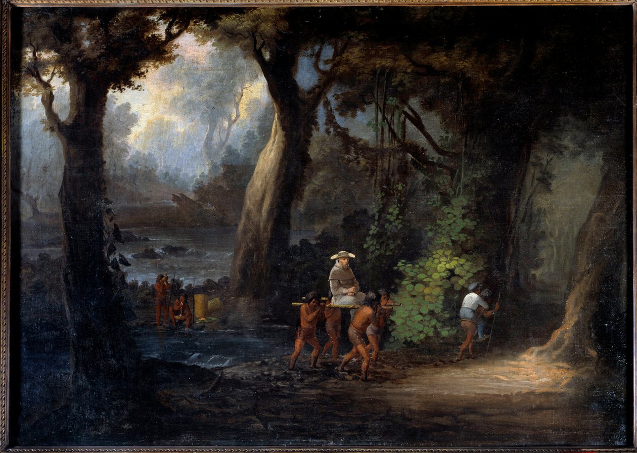Evangelização: "Bancos missionários na América do Sul são transportados pelos índios" Pintura Anónima do século XIX. La Rochelle, Museu do Novo Mundo de Unknown artist