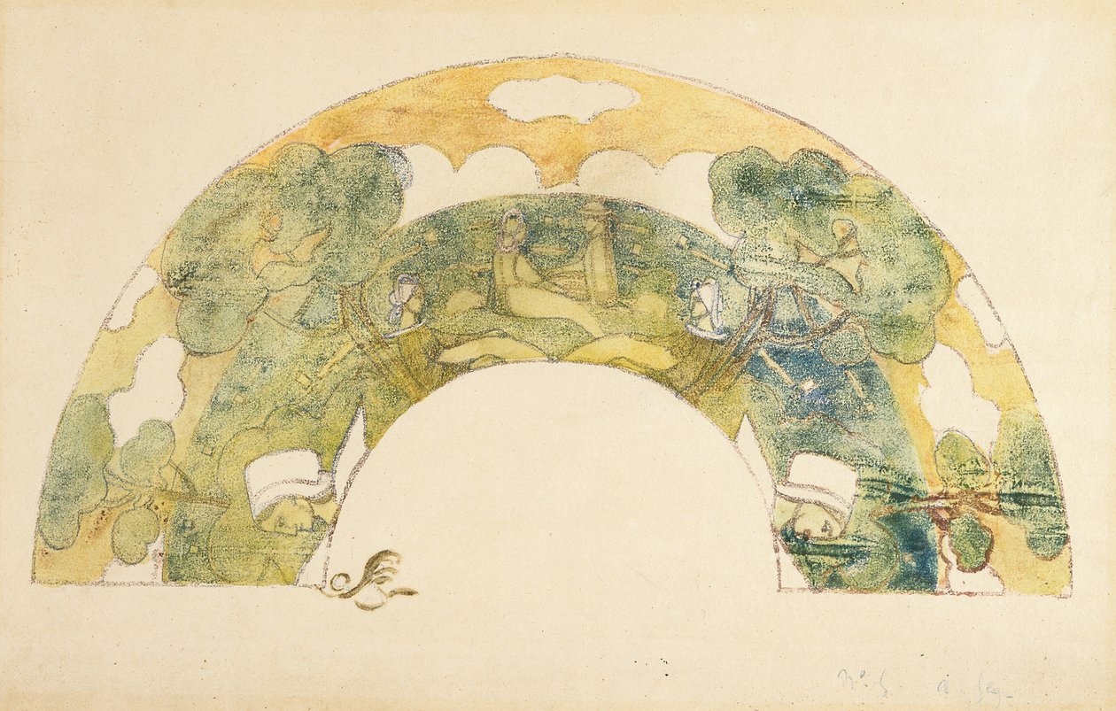 Evantail - Bretões Au Bord De La Mer (Fan - Bretões à beira-mar) (zincógrafo e monotipo com coloração à mão) de Unknown artist