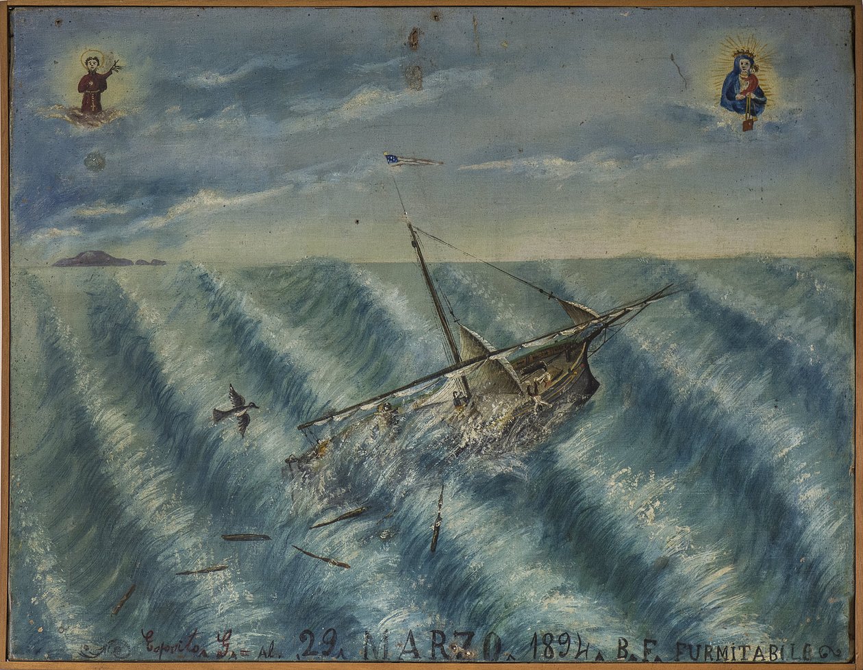 Ex-voto (ex voto) marinheiro, oferta popular como penhor de devoção e gratidão do marinheiro que sobrevive aos perigos do mar vindo da Igreja de Carmine, Torre del Greco, perto de Nápoles, 29/03/1894 Itália de Unknown artist