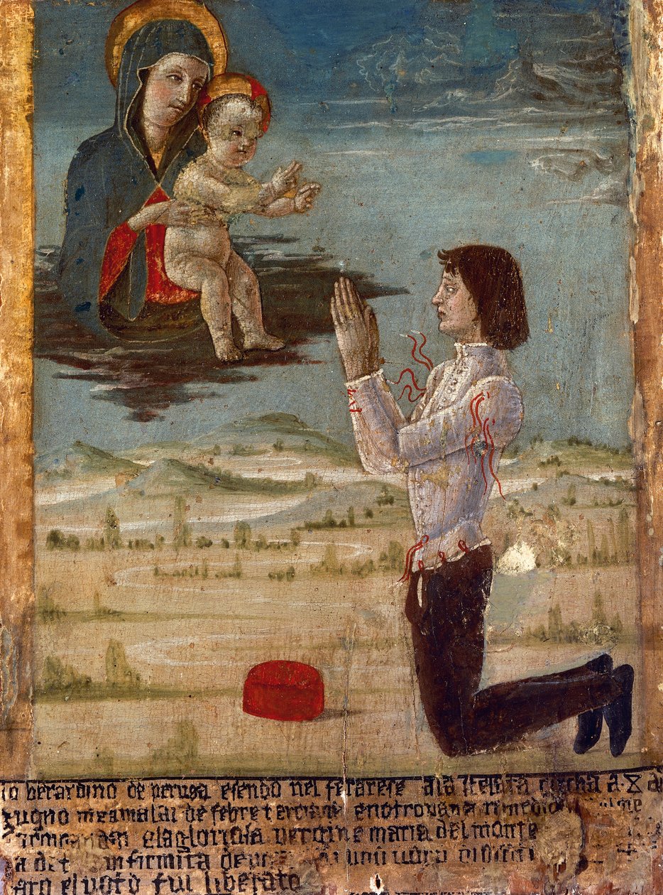 Ex-voto representando Madonna e Child com o homem de joelhos, Abadia de Santa Maria del Monte, Cesena, Emilia-Romagna, Itália de Unknown artist