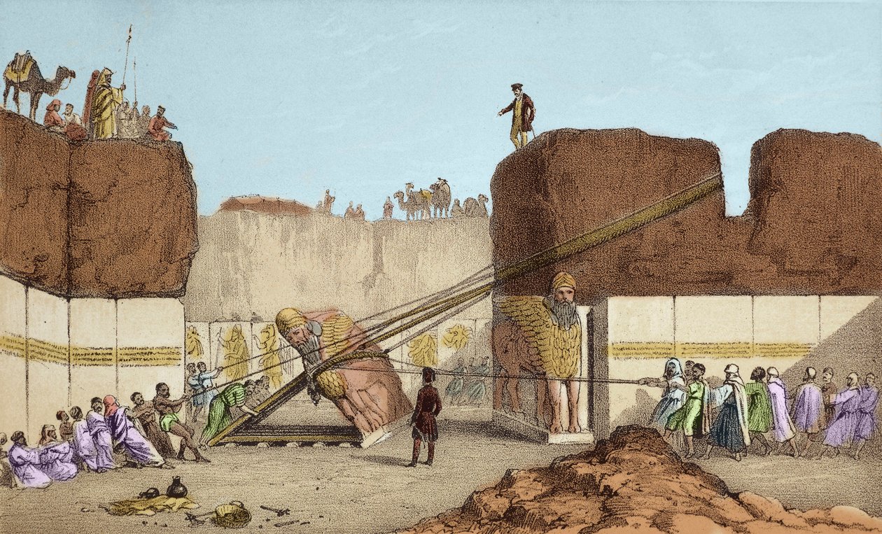 Escavações de Nineveh (Nineveh) - As ruínas de Nimrud (Nimroud) por Henri Layard (após sua viagem à Mesopotâmia no século XIX); substituição da ala do grande touro - O carregamento de um touro alado de Nimrud, durante as escavações de Sir Austen Henry de Unknown artist