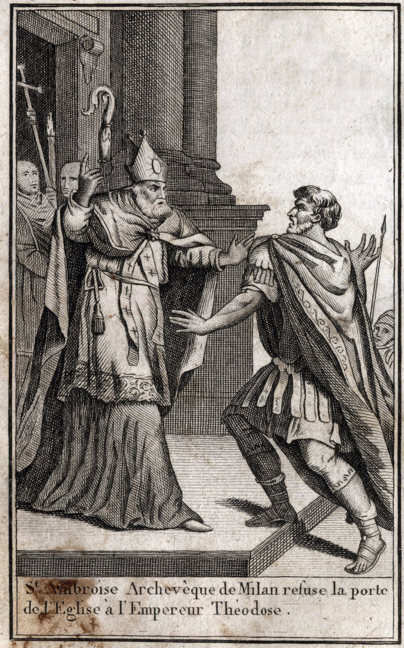 Excomunhão: o arco de Santo Ambrósio de Milão (Aurelius Ambrosius, Ambrogio di Milano (340-397) recusa a porta da igreja ao imperador romano Theodosius I (Flavius Theodosius) (347-395) para castigá-lo pelo massacre de Tessalônica em 390. Gravação em de Unknown artist