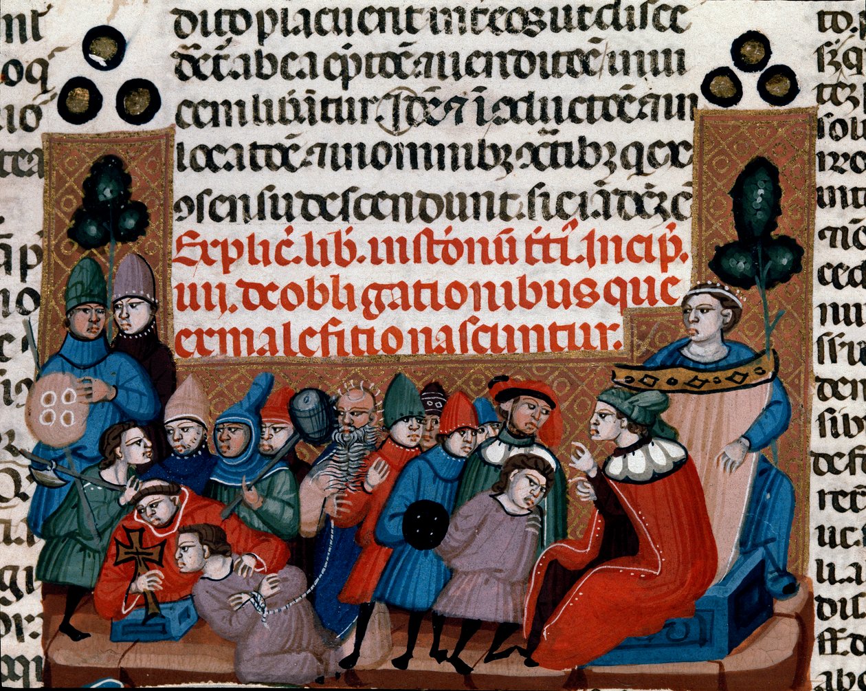 Execução de uma condenação em miniatura do Código Justiniano (Codex Justinianus), um conjunto de leis e instituições redigidas sob o Imperador Romano Justiniano I de Bizâncio (483-565) de Unknown artist