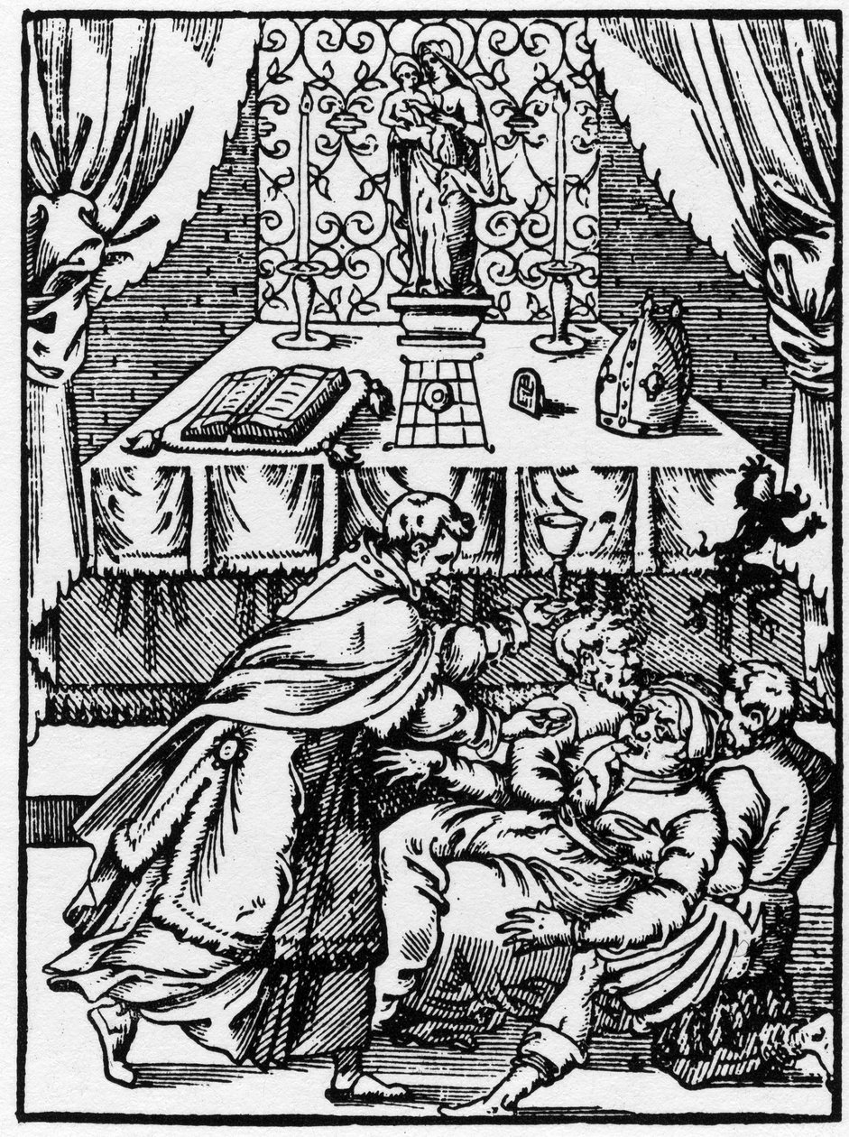Exorcismo: um demônio deixa o corpo de um bruxo possuído enquanto um padre lhe oferece a comunhão - Gravação de "Histórias Prodigiosas" de Pierre Boaistuau de Unknown artist