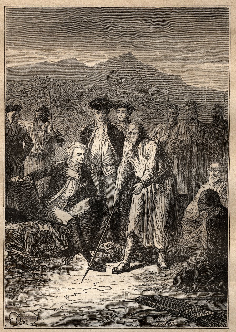 Expedição ao redor do mundo (1785-1788) por Jean Francois Galaup de La Perouse (1741-1788): os marinheiros descascam na ilha de Saghalian (Sakhaline) encontram um velho que lhes desenhou um mapa da Tartaria - ilustração tirada de "The Great Mariners of the de Unknown artist