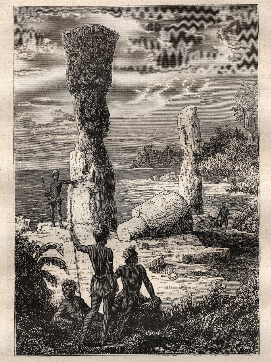 Expedição pelo mundo (1785-1788) por Jean Francois Galaup de La Perouse (1741-1788): Indígenas da Ilha de Páscoa olhando para estátuas monumentais (Moai) - ilustração tirada de "Os Grandes Marinheiros do século XVIII". de Unknown artist