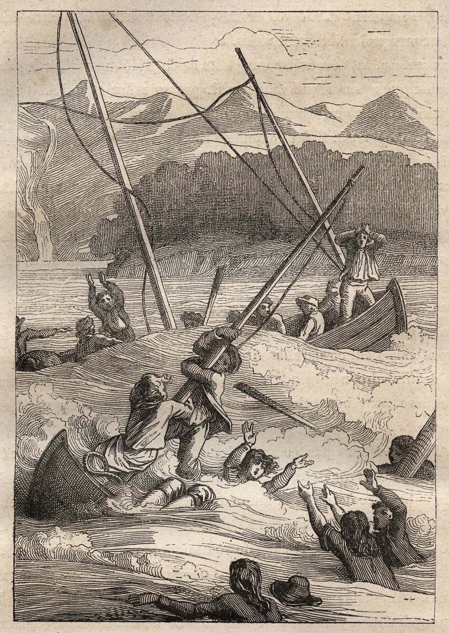 Expedição pelo mundo (1785-1788) por Jean Francois Galaup de La Perouse (1741-1788): naufrágio dos barcos no porto dos franceses (Alasca) - ilustração tirada de "Os Grandes Marinheiros do século XVIII". de Unknown artist