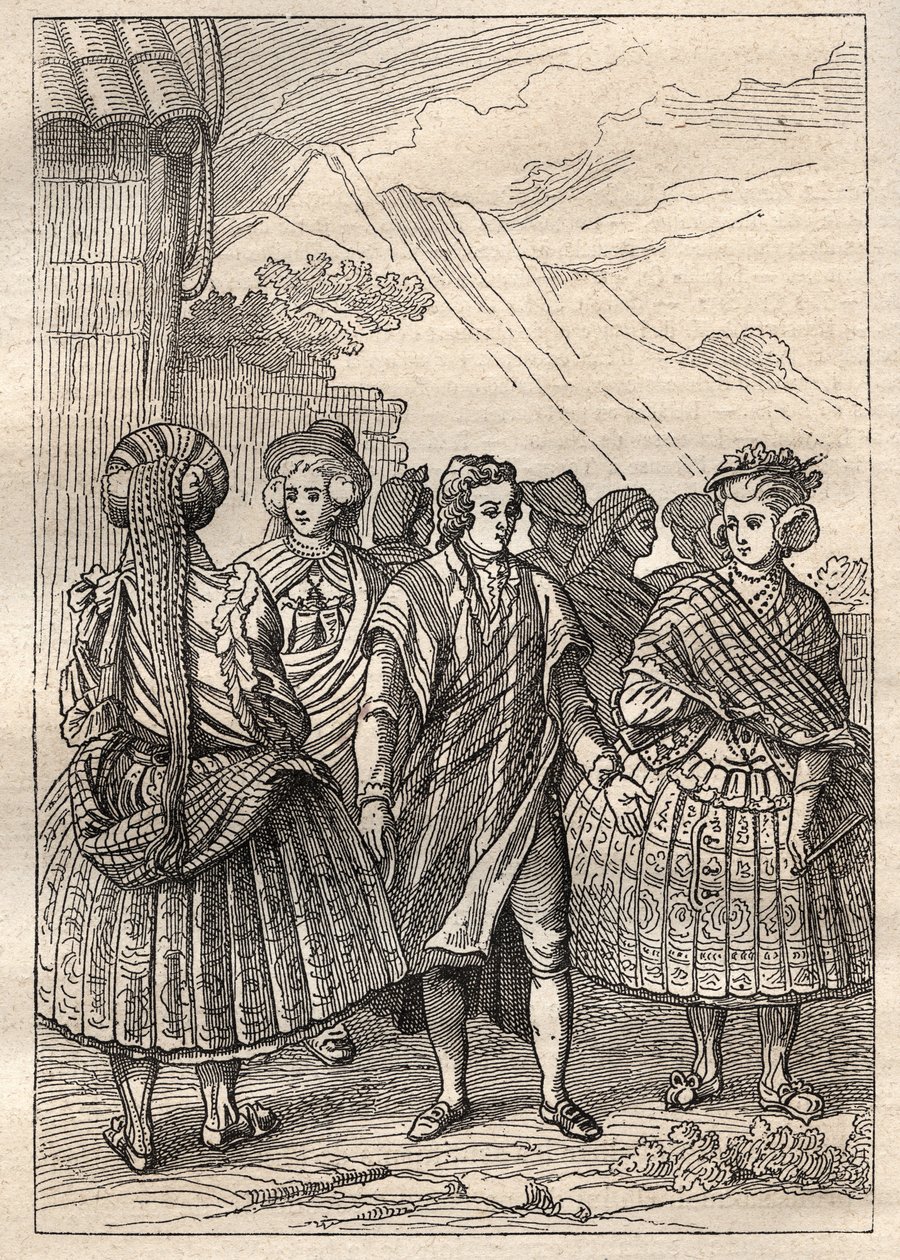 Expedição pelo mundo (1785-1788) por Jean Francois Galaup de La Perouse (1741-1788): trajes dos habitantes da Concepción (Chile) - ilustração tirada de "Os Grandes Marinheiros do século XVIII". de Unknown artist