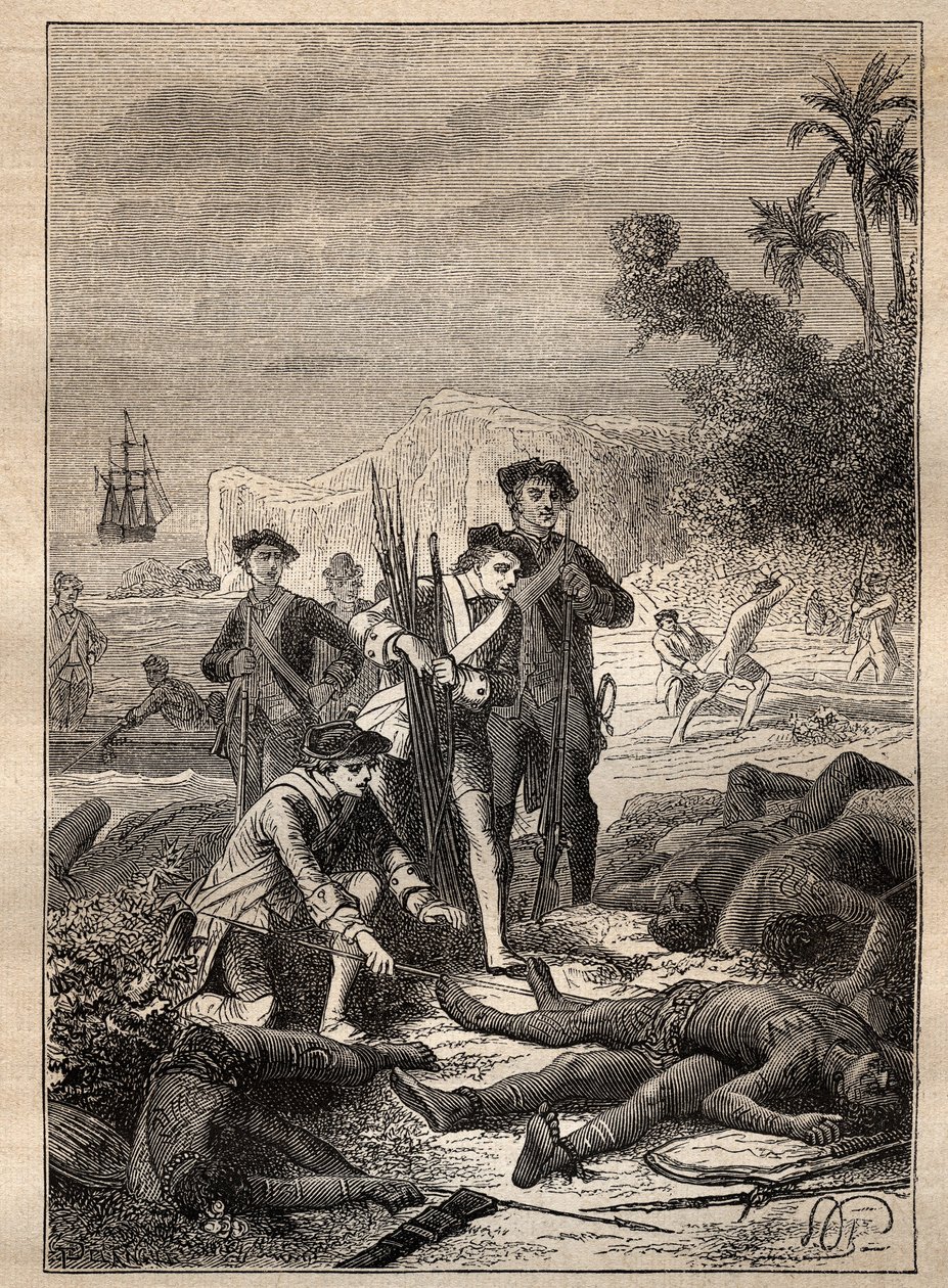 Expedição de Jean Francois de Survillle (1717-1770) nos Mares do Sul (1769-1770): os marinheiros de Surville reúnem as armas dos indígenas que morreram durante a batalha (Nova Irlanda, Papua Nova Guiné) - ilustração tirada de "The Great Mariners de Unknown artist