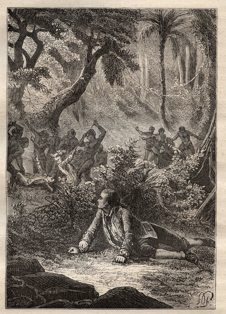 Expedição de Nicolas Thomas Marion-Dufresne (Marion Dufresne) (1729-1772): o único marinheiro sobrevivente testemunha o massacre de todos os seus camaradas, incluindo Marion, pelos nativos de Assassins Bay (Ilha Matuaro, Nova Zelândia) - ilustração tirada  de Unknown artist
