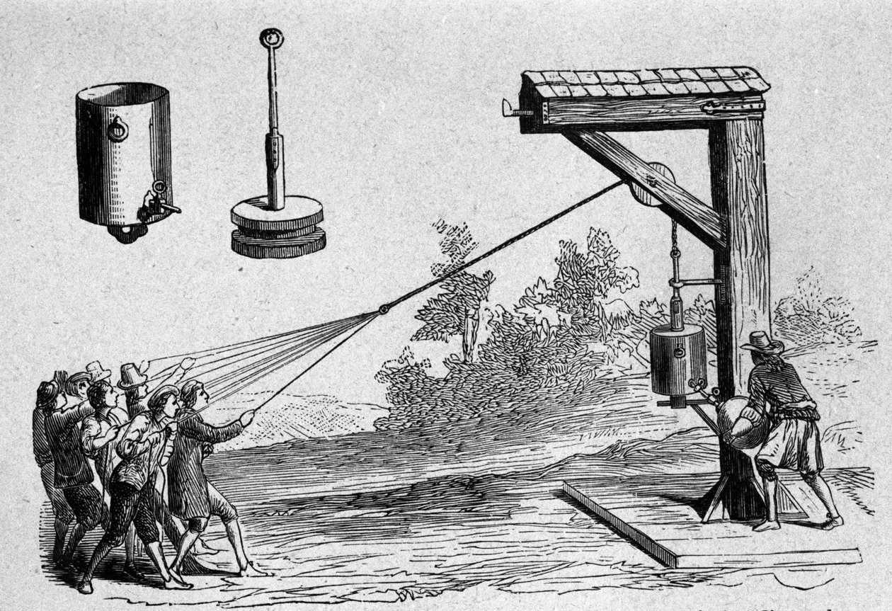Experiência realizada na presença do Príncipe Auerberg sobre o vácuo pneumático pelo cientista alemão Otto von Guericke para calcular a pressão atmosférica em 1654 Placa retirada de "Ottonis de Guericke": Experimenta Nova Magdeburgica de vacuo spatio" de O de Unknown artist