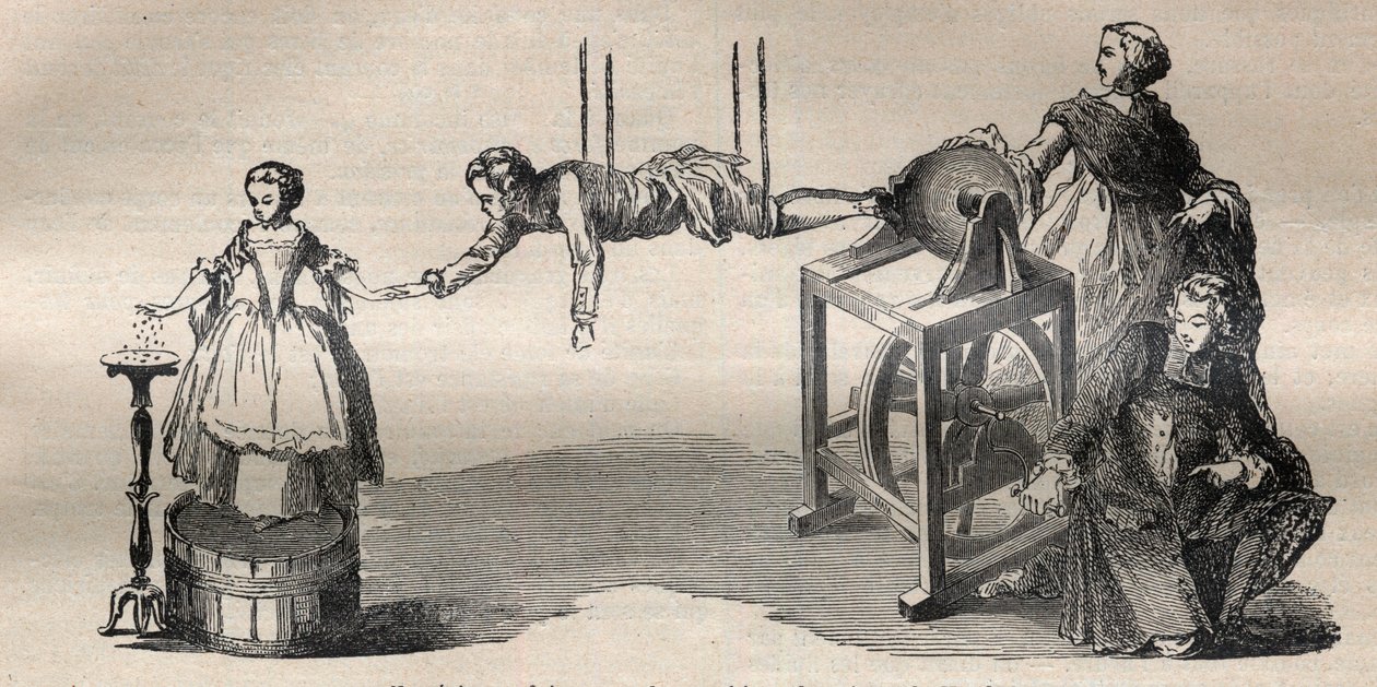 Experiência feita com a máquina elétrica por Francis Hauksbee o mais velho (1666-1713) - Gravura em "La Science francaise de Unknown artist