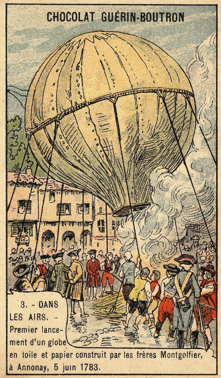 Experiência de 5 de junho de 1783 pelos irmãos Montgolfier em Annonay.Chromo do final do século XIX. de Unknown artist