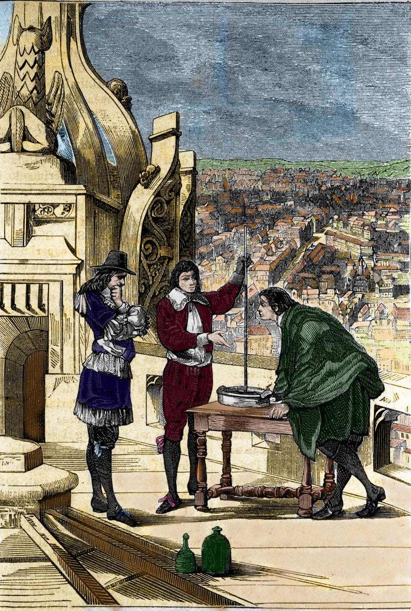 Experiência de Blaise Pascal com um barômetro de mercúrio no topo do Tour Saint Jacques la Boucherie em Paris. de Unknown artist