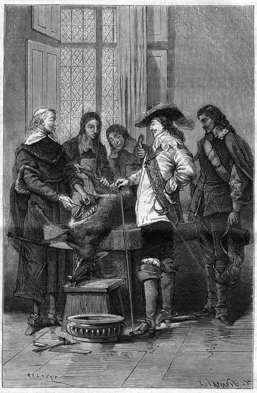 Experiência de William Harvey (1578-1657), médico inglês mostrando Charles I Stuart (1600-1649), rei da Inglaterra, e médicos do Royal College de Londres, o fenômeno da circulação do sangue em uma corça viva. Gravura em "La Nature". de Unknown artist