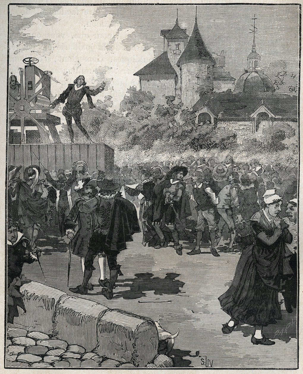 Experiência de cunhagem mecânica por Nicolas Briot (Engraveur du Royaume de France) (1579-1646) em 1616. Gravura de 1885 em "Les arts et metiers illustres" de Adolphe BITARD. de Unknown artist