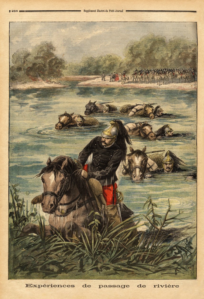 Experiência de passagem de rio pelo 7º regimento de dragões em Fontainebleau. Gravura no "Le petit journal" 6/09/1896. Coleção da Selva. de Unknown artist