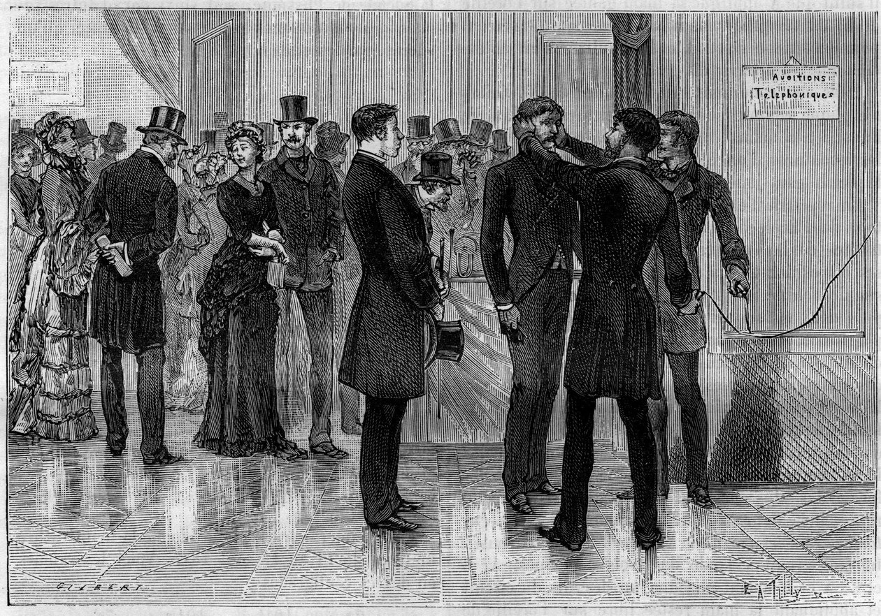 Experiência de transmissões telefônicas sem receptores feita na "Societe de Physique" em Paris, 16 de abril de Unknown artist