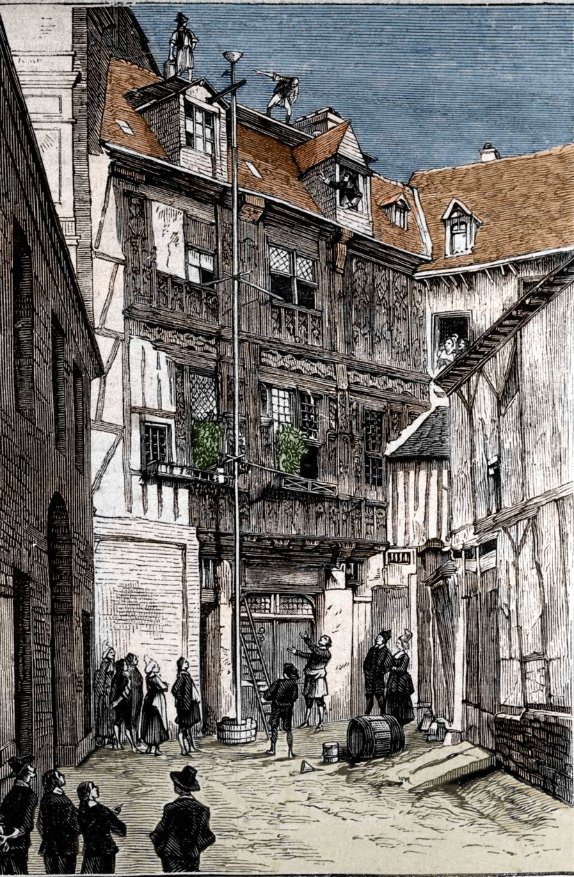 Experiência do barómetro de água, executado em Rouen por Pete et Blaise Pascal. de Unknown artist