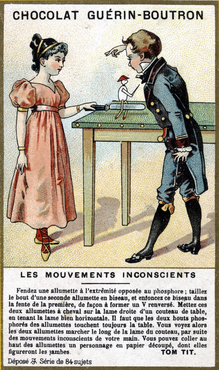 Experiência de duas crianças com fósforos e uma faca. Cromolitografia da embalagem de chocolate Guérin Boutron. de Unknown artist