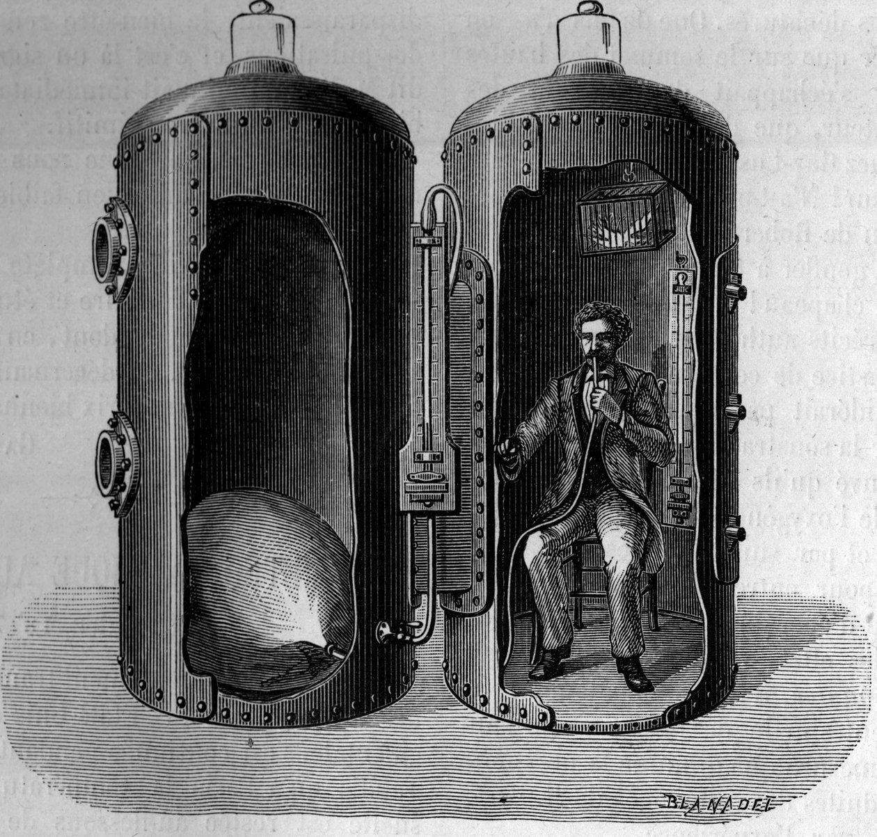 Experiência em pressão barométrica pelo fisiologista Paul Bert (1833-1886): respiração de um ar suro-oxigénico, dilata por pressão decrescente. Gravura em "La Nature: Revue des sciences et de leurs applications aux arts et a l