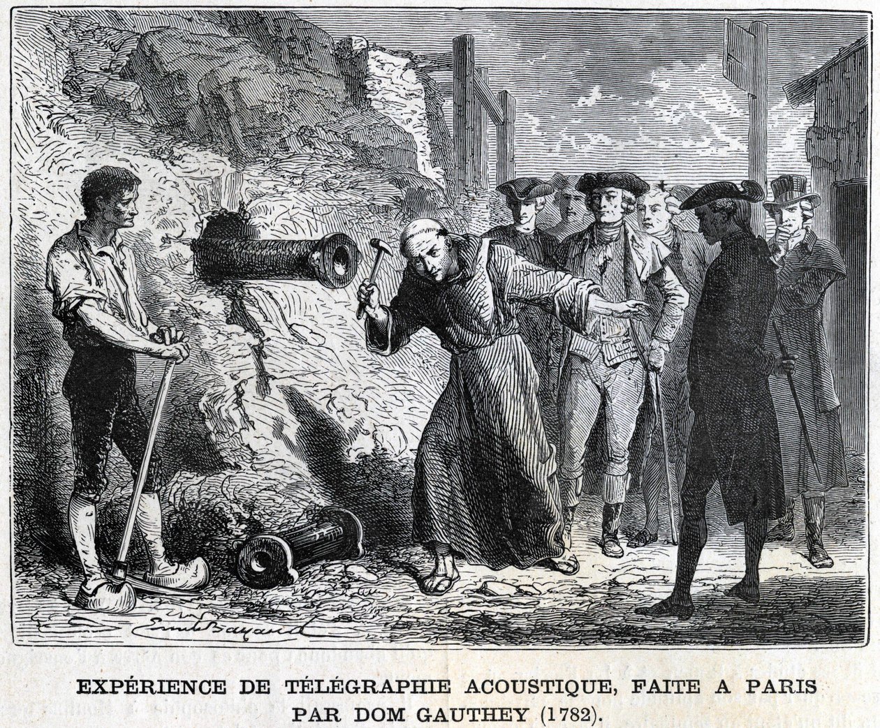 Experiência em telegrafia acústica, feita em Paris por Gauthey em 1782, gravura do século XIX, coleção Bianchetti. de Unknown artist