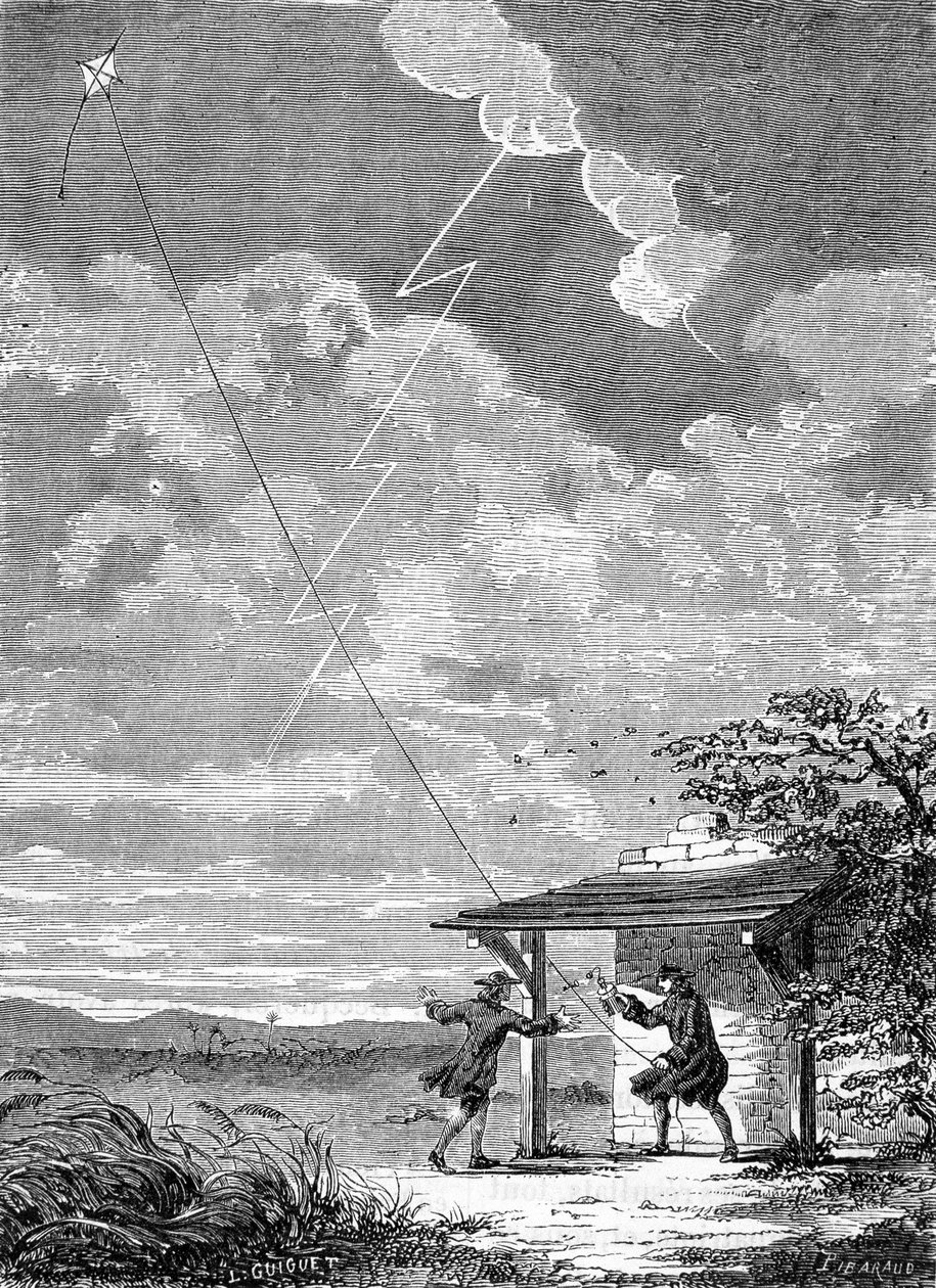 Experiência do kite elétrico feito na Filadélfia por Benjamin Franklin, setembro de 1752 - gravura de Unknown artist