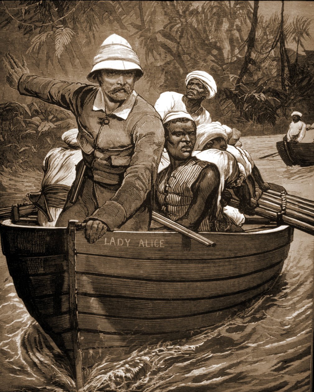 Exploração de Sir Henry Morton Stanley (1841-1904), explorador britânico, a bordo da "Lady Alice". de Unknown artist