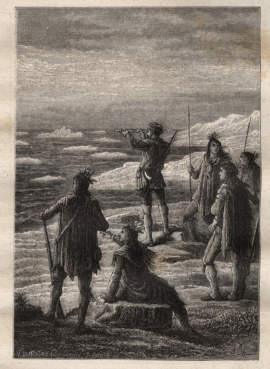 Exploração do Grande Norte Canadense (1769-1772) por Samuel Hearne (1745-1792): Hearne sobe o curso do Rio Coppermine e chega à sua foz no Oceano Ártico em 1771 - ilustração de "Os Grandes Marinheiros do Século XVIII". de Unknown artist