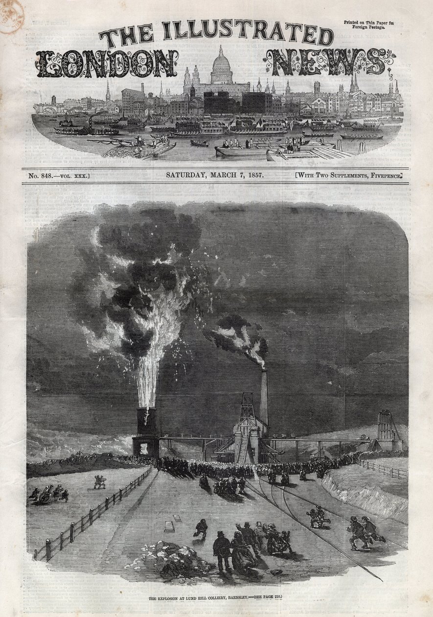 Explosão na mina de carvão de Lund Hill (Lundhill) em Barnsley, Inglaterra. Um jornal. Gravação no "The Illustrated London News" de 7 de março de Unknown artist