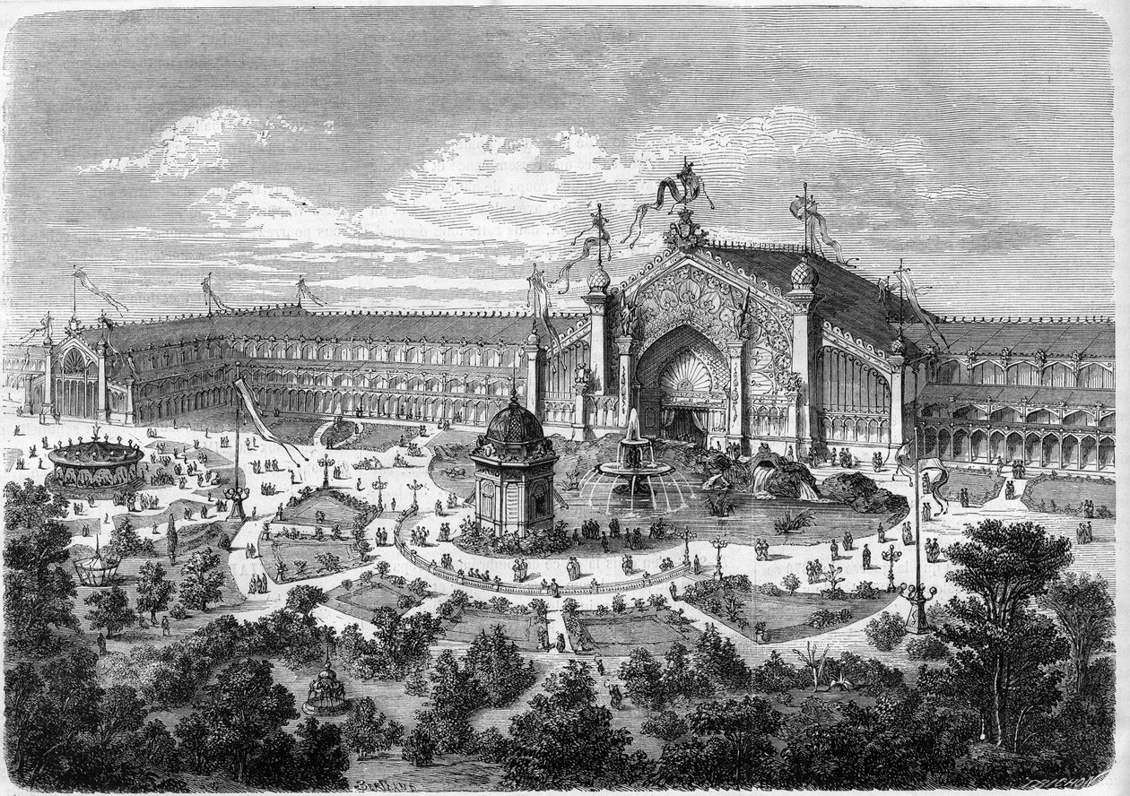 Exposição Universelle de Lyon: as galerias vistas do parque. Gravura em "L