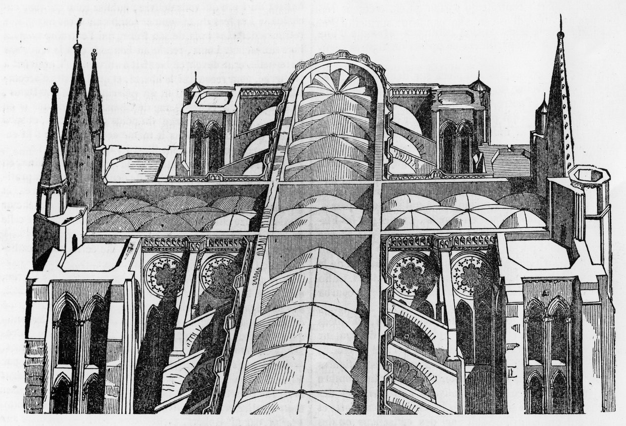 Exterior e parte superior da Catedral de Chartres (28) desde o incêndio de 4 e 5 de junho - em "Le magasin pitoresco", julho de 1836. de Unknown artist