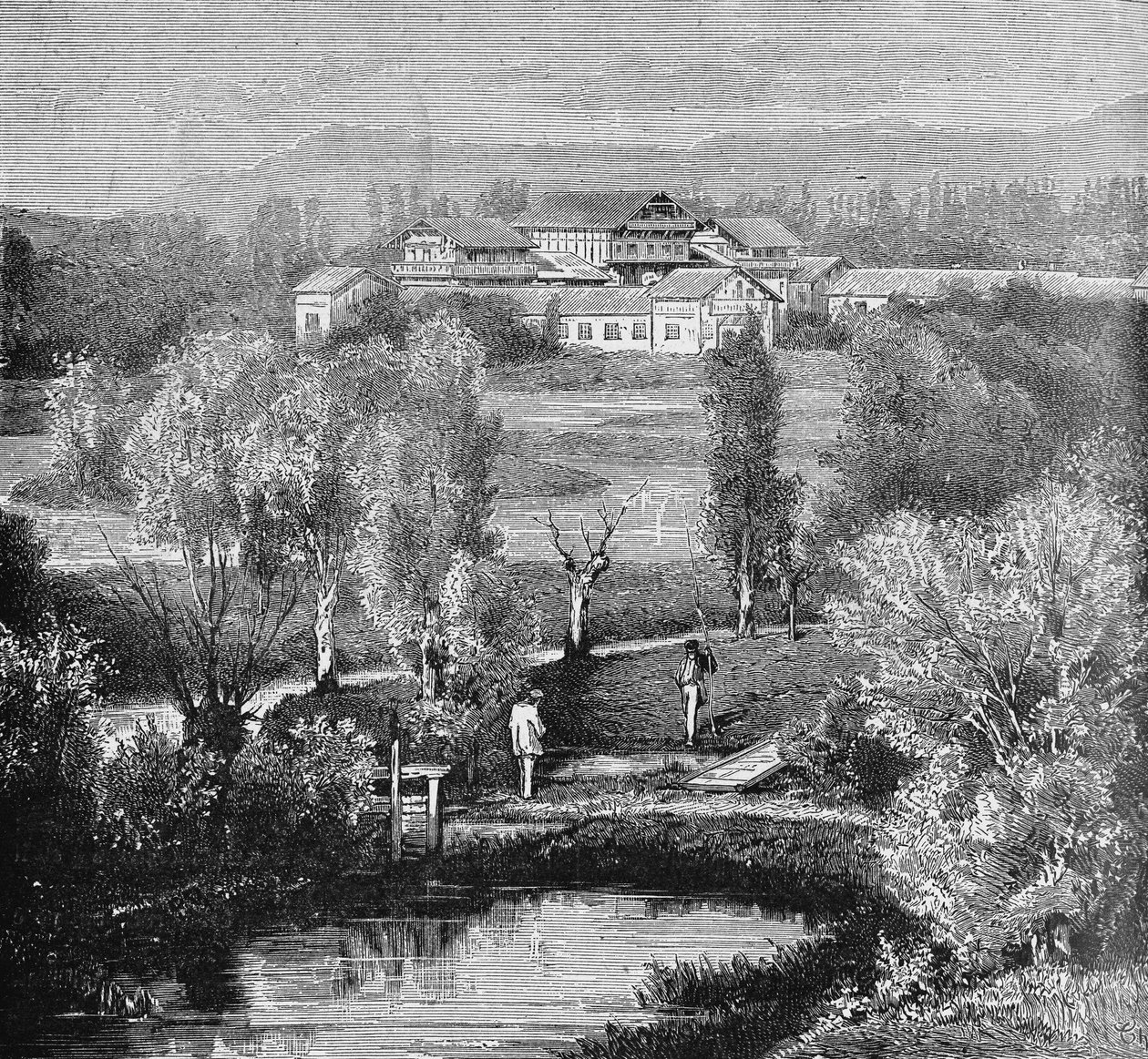 Vista exterior da piscicultura Huningue. In" Album de la Science", Éditions Jouvet de Unknown artist