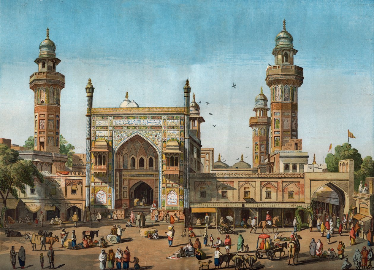 Vista exterior da Mesquita Wazir Khan em Lahore, Paquistão. Gravura em "The ilustr London News" de 22 de Maio de 1858. de Unknown artist