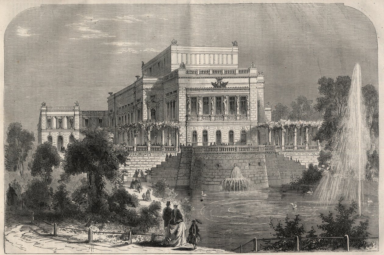 Vista exterior do novo teatro em Leipzig, Alemanha. Gravura em "L