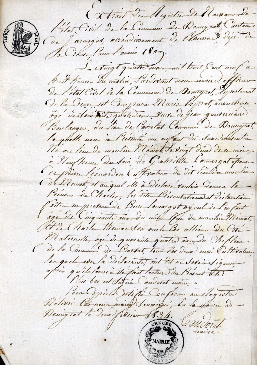 Extrato do registro de nascimento do Estado Civil do município de Dommyrot, cópia autenticada de 2 de fevereiro de Unknown artist