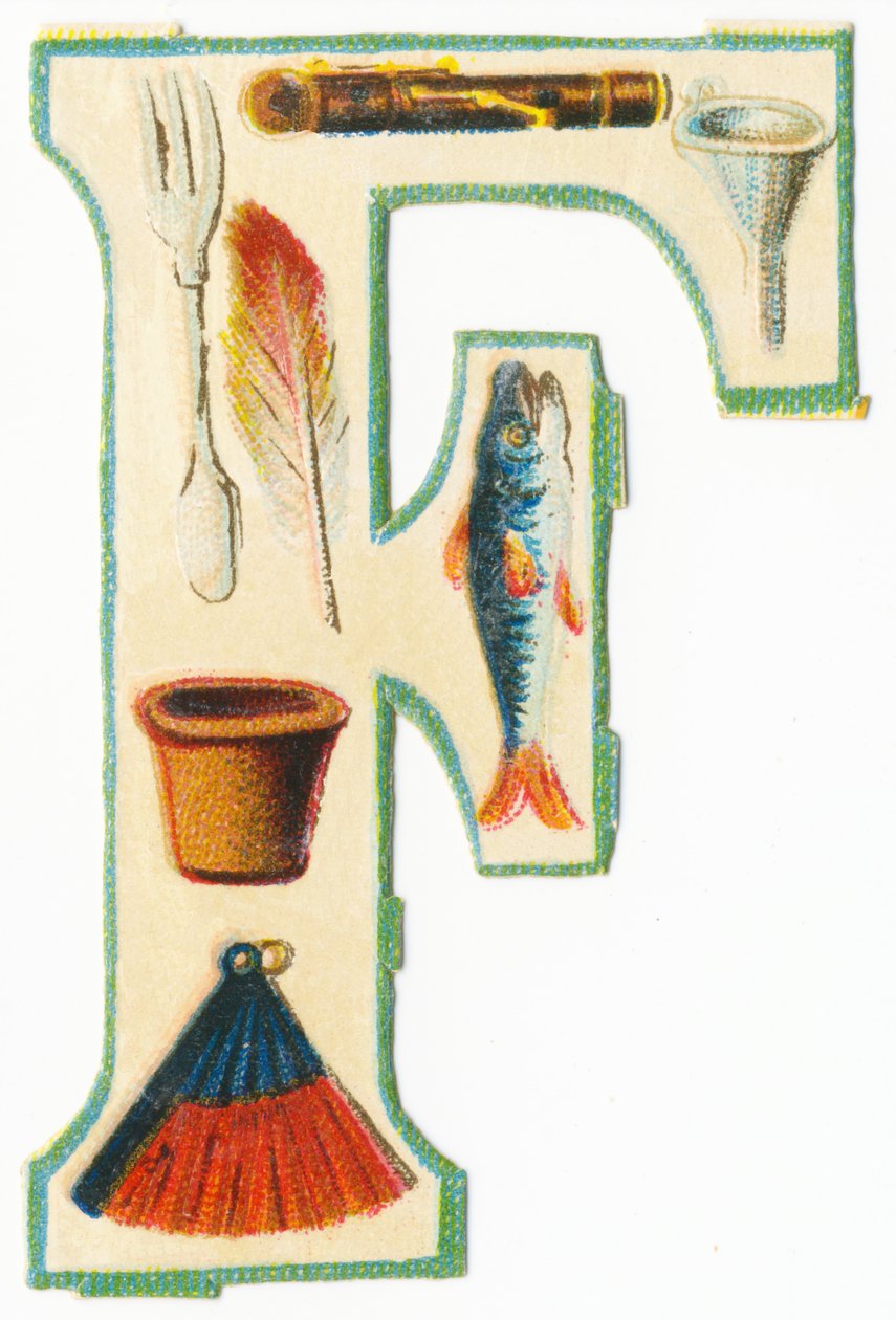 F: garfo, flauta, funil, vaso de flores, pena, peixe, leque (litografia de cor) de Unknown artist