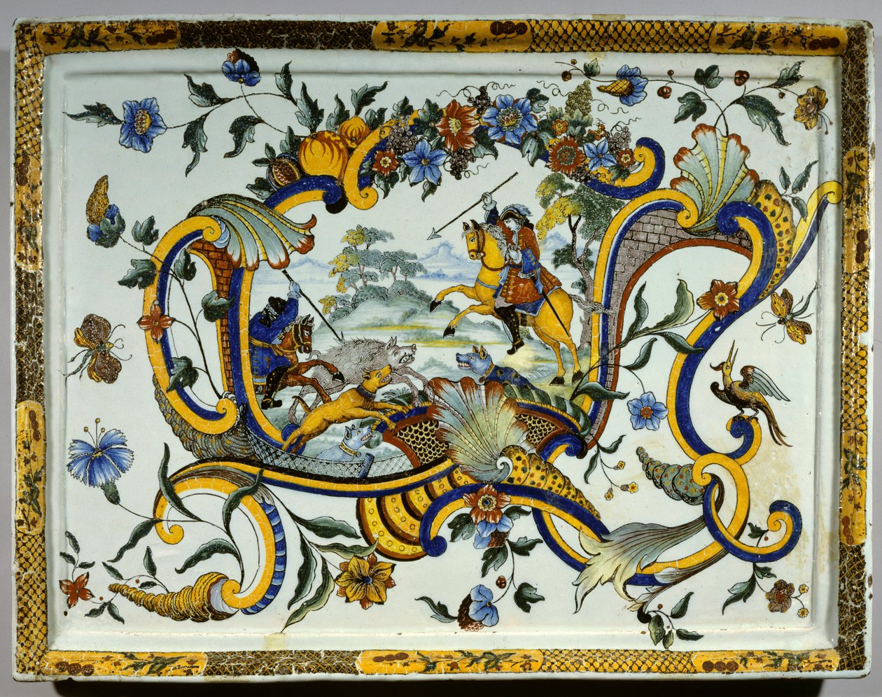Prato de faiança representando uma cena de caça ao javali - século XVII - Paris, Musee Du Louvre de Unknown artist