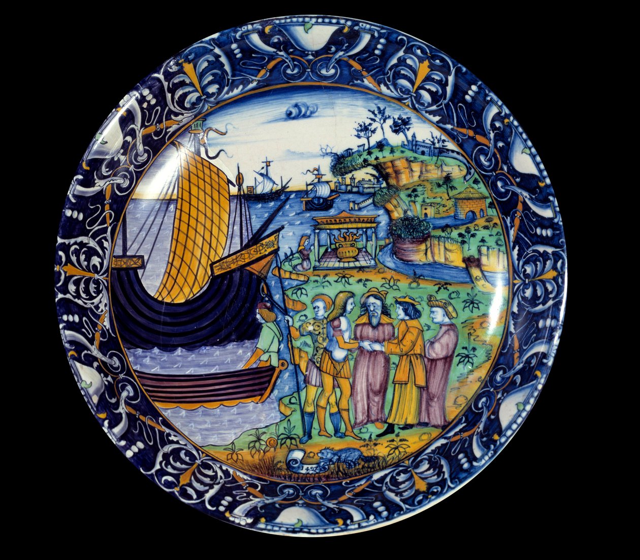 Prato de faiança representando a chegada de Enee em Delos recebido pelo Rei Arius. 1497 Sevres, Museu Nacional Renascentista de Unknown artist