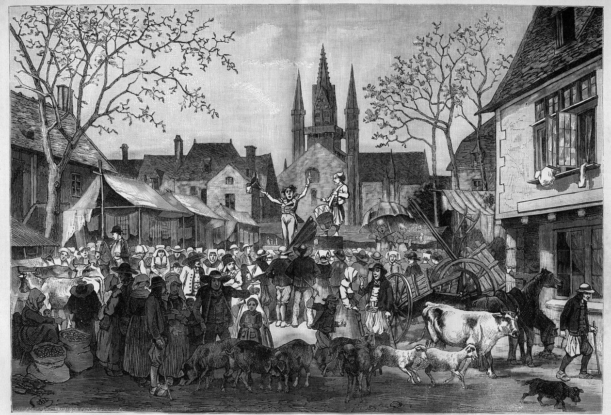 Feira na Bretanha, na praça de uma aldeia. Gravura no "Le Monde Illustré". de Unknown artist