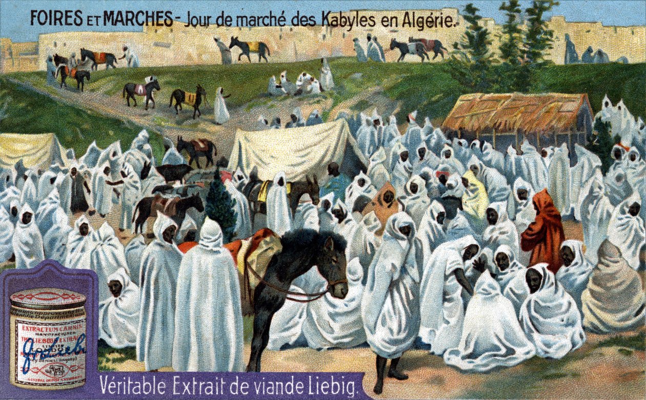 Feiras e mercados: O dia do mercado Kabyl na Argélia. Chromoliyhography, imagem de Liebig. de Unknown artist