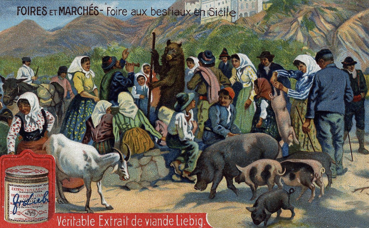Feiras e mercados: feira de gado na Sicília. Cromolitografia, imagem de Liebig. de Unknown artist