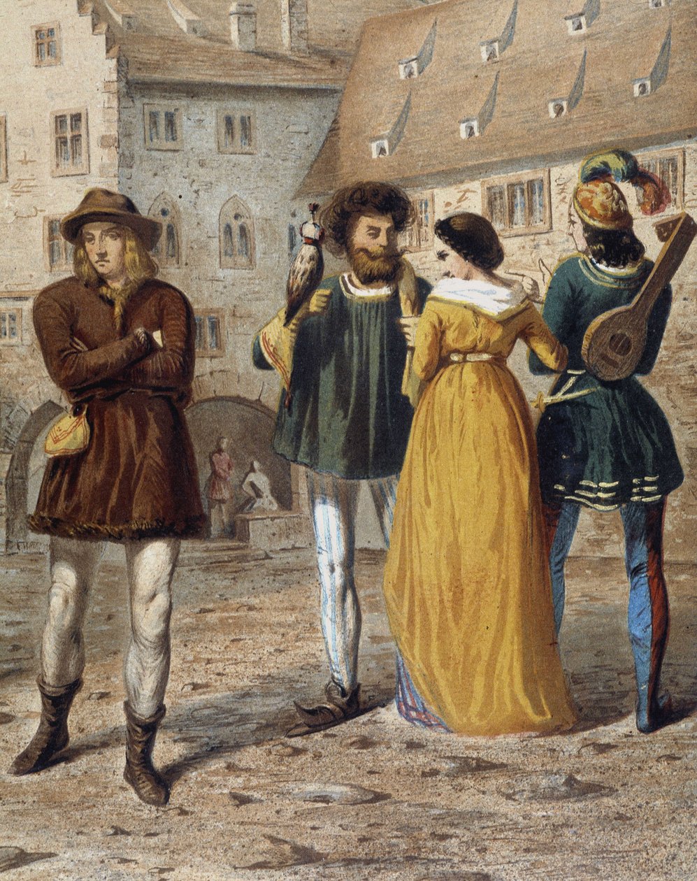 Falconer, lady and troubadour: cena de rua em Estrasburgo na Idade Média. de Unknown artist