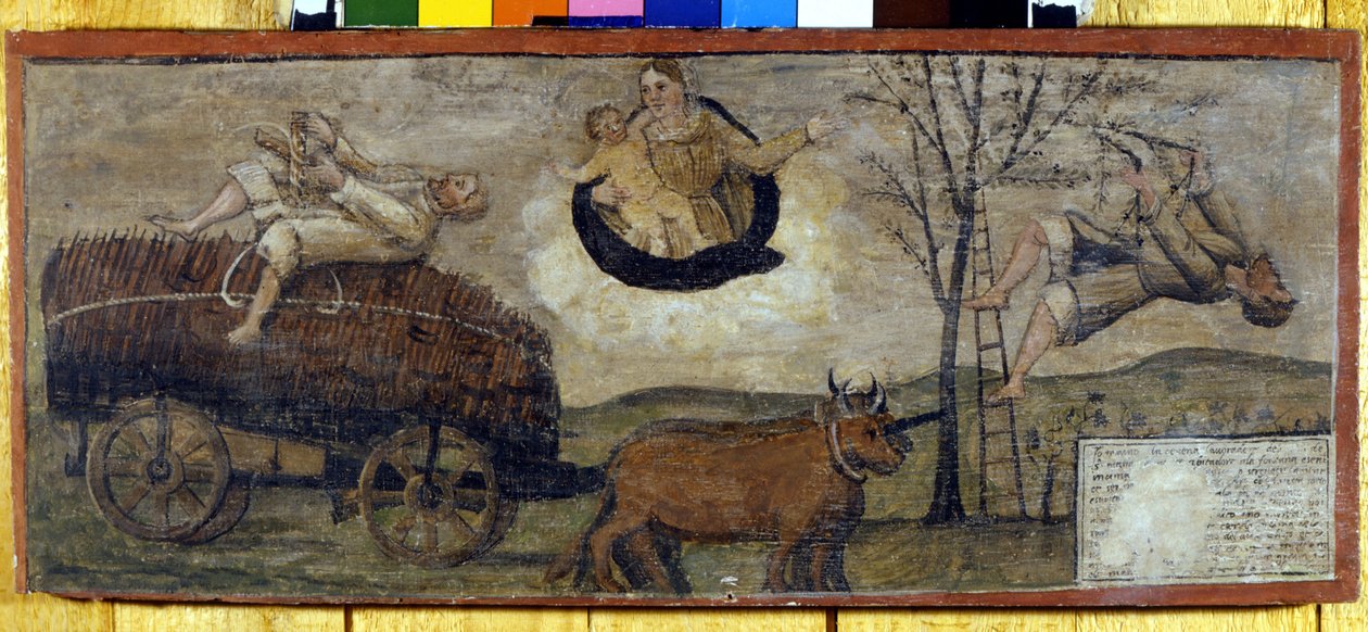 Queda de uma árvore sobre um carrinho cheio de feno. de Unknown artist