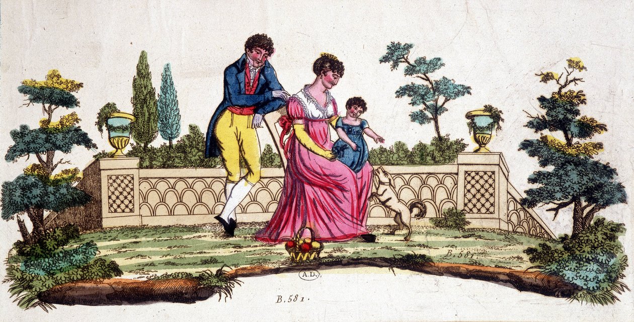 A família num parque. Gravura do início do século XIX. de Unknown artist