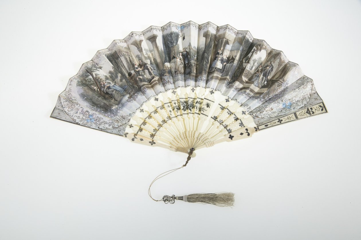 Ventilador, c.1850, Papel pintado, osso, prata e borla de fio de seda e metálico, Maker unknown de Unknown artist